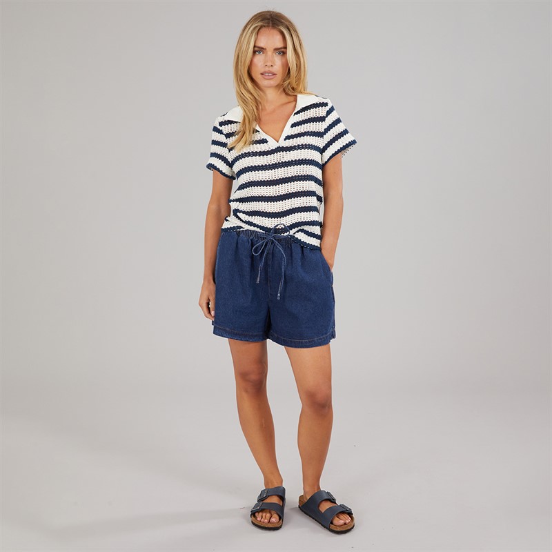 Brave Soul Womens Stripe Polo Shirt Cream/Navy