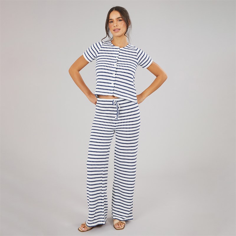 Brave Soul Womens Lynn Button Down T-Shirt Cream/Navy