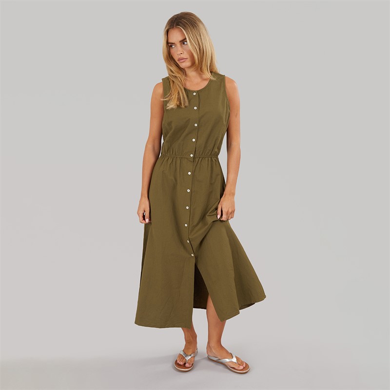 Brave Soul Womens Emy Button Down Midi Dress Khaki