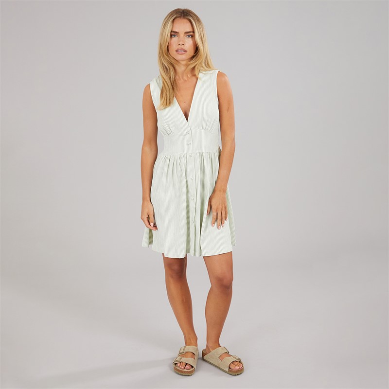 Brave Soul Womens Rhine V-Neck Mini Dress Green/Cream