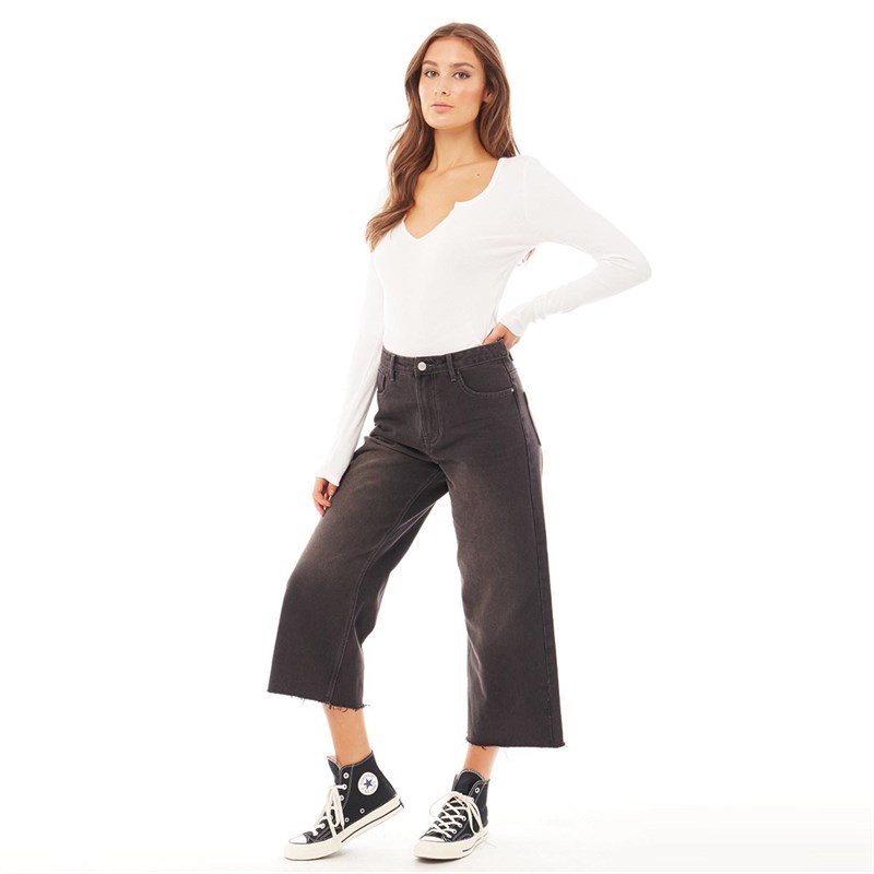 Brave Soul Womens Melody Wide Leg Raw Hem Jeans Charcoal