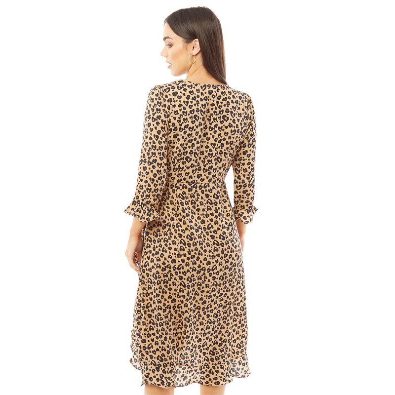 Brave Soul Womens Mirranda All Over Print Wrap Dress Brown/Navy Heart Print