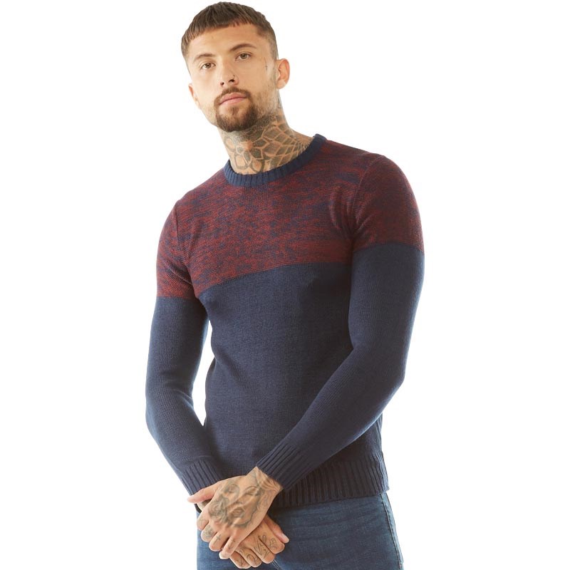 Brave Soul Mens Roland Reverse Knit Jumper Navy/Bordeaux Brave Soul Mens Roland Reverse Knit Jumper Navy/Bordeaux