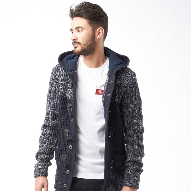 Brave Soul Mens Benedict Chunky Knit Hoody Navy/Grey Brave Soul Mens Benedict Chunky Knit Hoody Navy/Grey