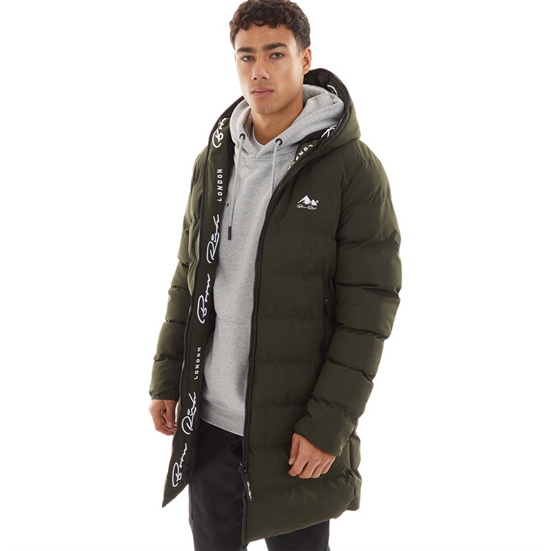 Born Rich Mens Alvando Slim Longline Puffer Jacket Dark Olive