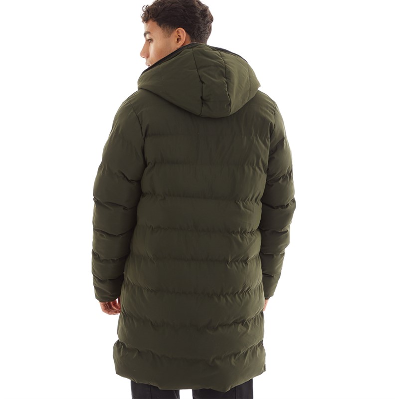 Born Rich Mens Alvando Slim Longline Puffer Jacket Dark Olive