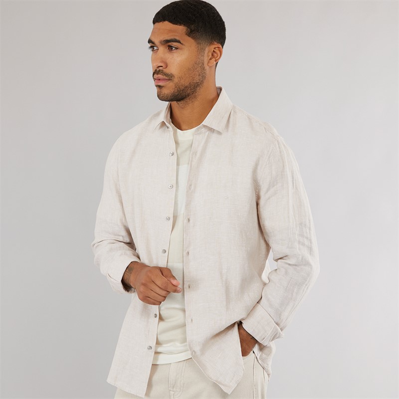 Calvin Klein Mens Linen Slim Fit Long Sleeve Shirt Stony Beige - Size 44