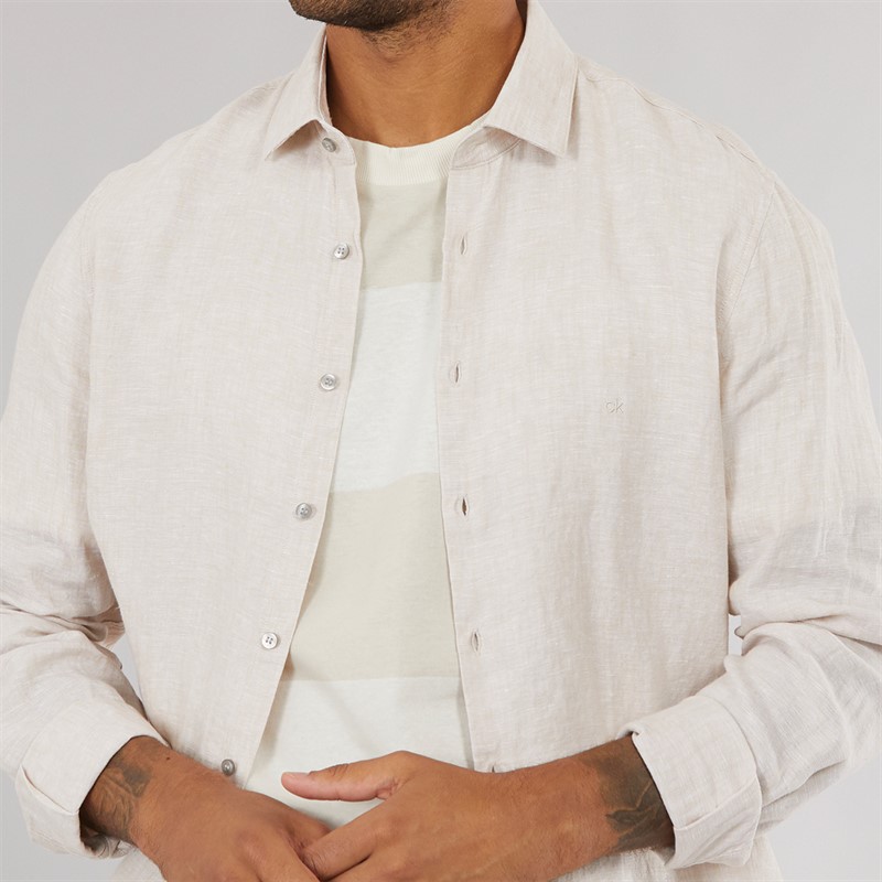 Calvin Klein Mens Linen Slim Fit Long Sleeve Shirt Stony Beige