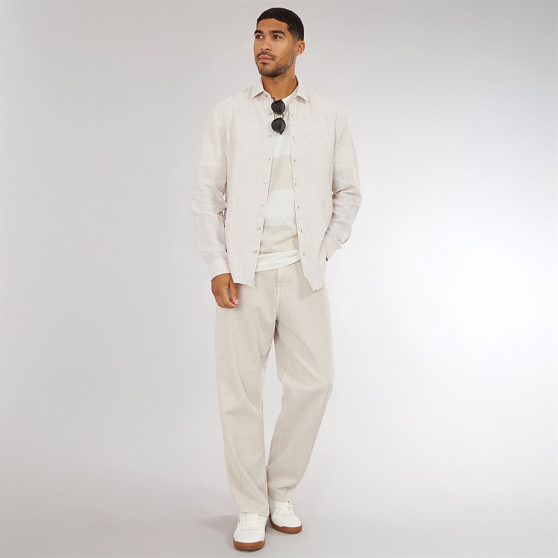 Calvin Klein Mens Linen Slim Fit Long Sleeve Shirt Stony Beige