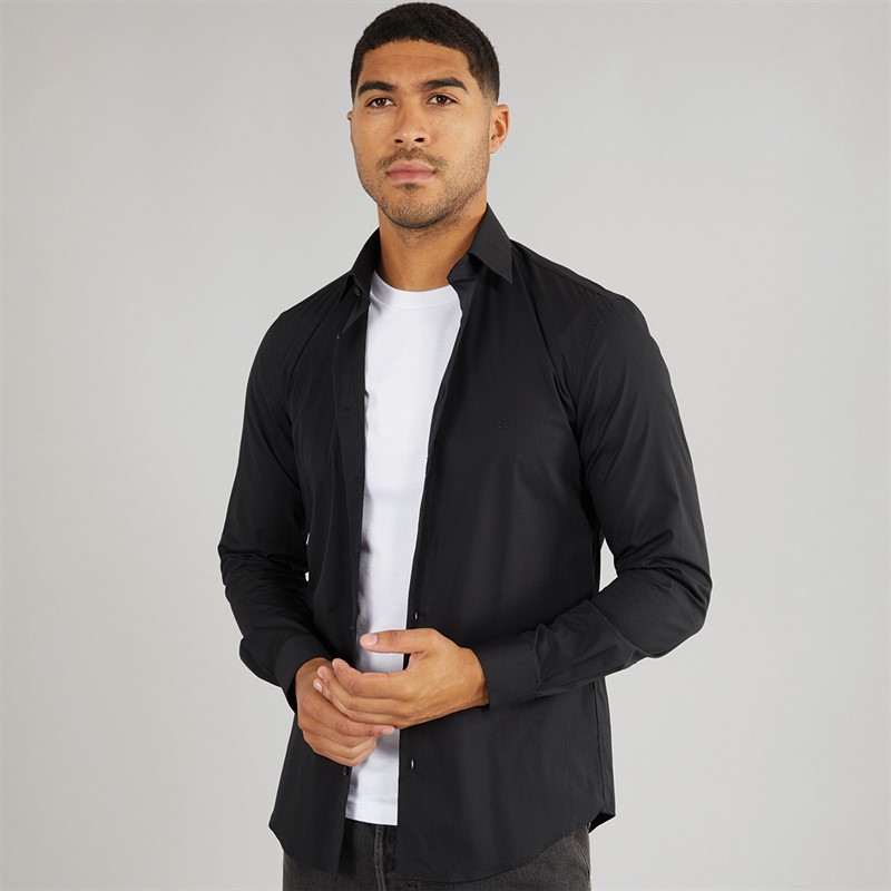 Calvin Klein Mens Poplin Stretch Regular Fit Long Sleeve Shirt CK Black - Size 38