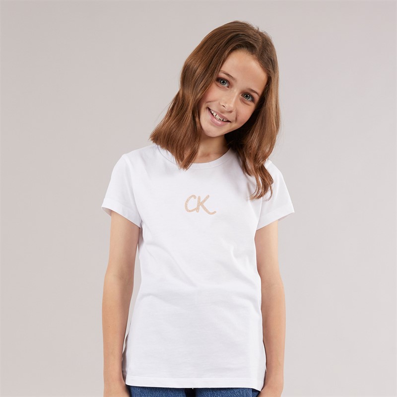Calvin Klein Girls Glitter CK T-Shirt Bright White