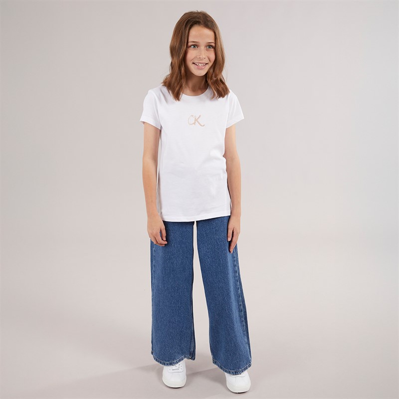 Calvin Klein Girls Glitter CK T-Shirt Bright White