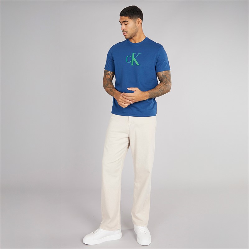 Calvin Klein Mens Center Monogram T-Shirt Blue Jean