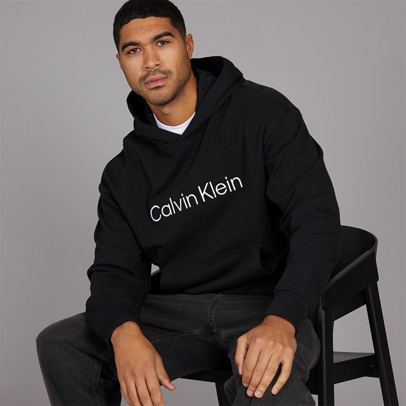 Calvin Klein Mens Long Sleeve Logo Terry Hoodie Black