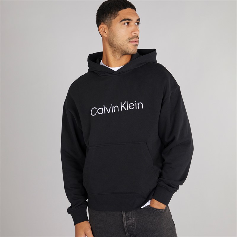 Calvin Klein Mens Long Sleeve Logo Terry Hoodie Black