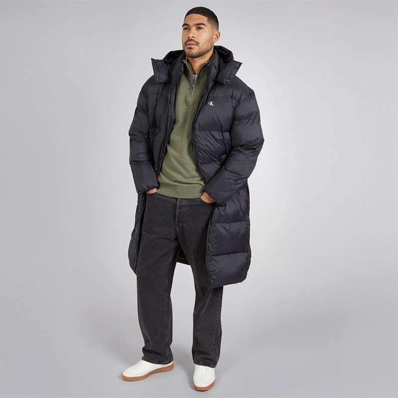 Calvin Klein Mens Long Hooded Puffer Coat Black