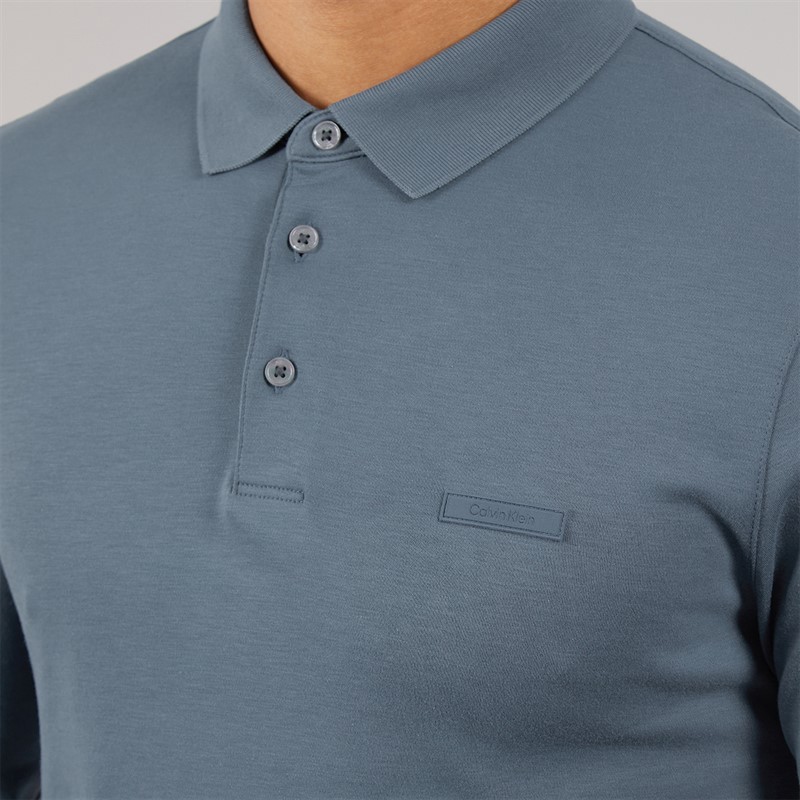 Calvin Klein Mens Long Sleeve Supima Logo Polo Shirt Dark Slate