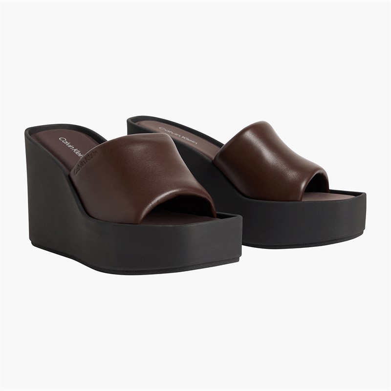Calvin Klein Womens Melia Leather Platform Wedge Sandals Rocky Brown/Black