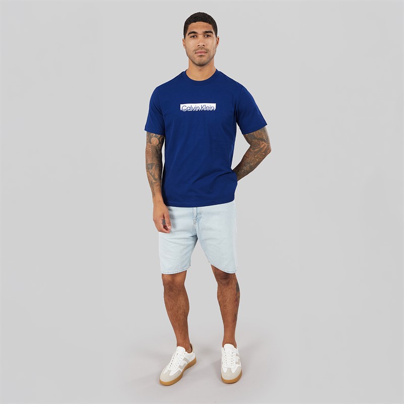 Calvin Klein Mens Short Sleeve Tonal Metallic Graphic T-Shirt Blue Majesty