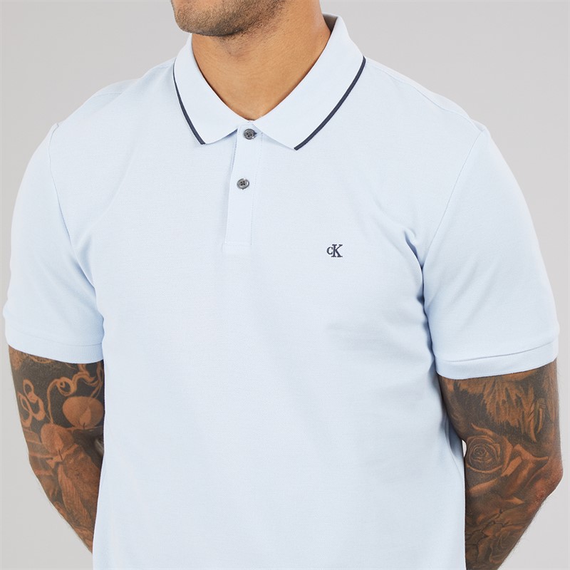 Calvin Klein Mens Short Sleeve Refined Pique Tip Polo Shirt Breezy Blue