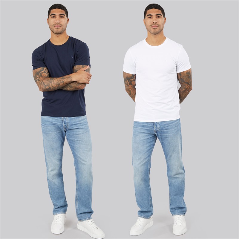 Calvin Klein Mens Two Pack Short Sleeve Stretch Cotton T-Shirts Bright White/Dark Sapphire