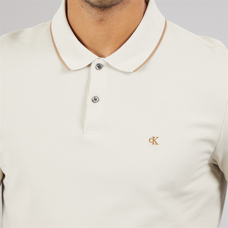 Calvin Klein Mens Short Sleeve Refined Pique Tip Polo Shirt Oatmeal