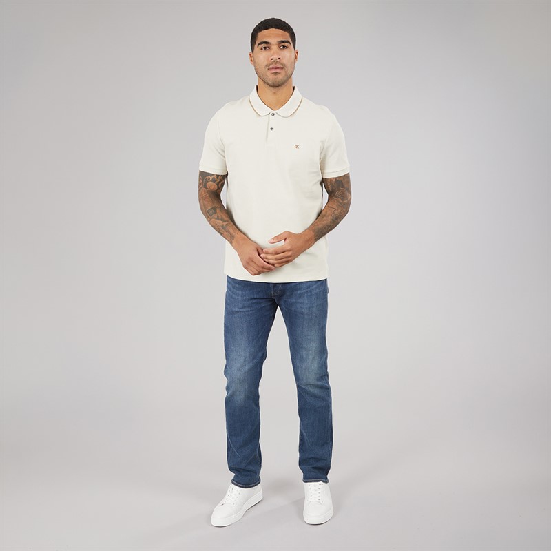 Calvin Klein Mens Short Sleeve Refined Pique Tip Polo Shirt Oatmeal