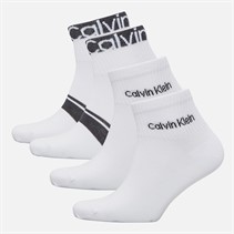 Calvin Klein Mens Logo Stripe Four Pack Quarter Socks White