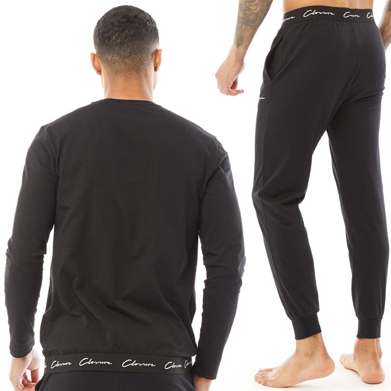 Closure London Mens Signature Band Long Sleeve Lounge T-Shirt And Joggers Set Black