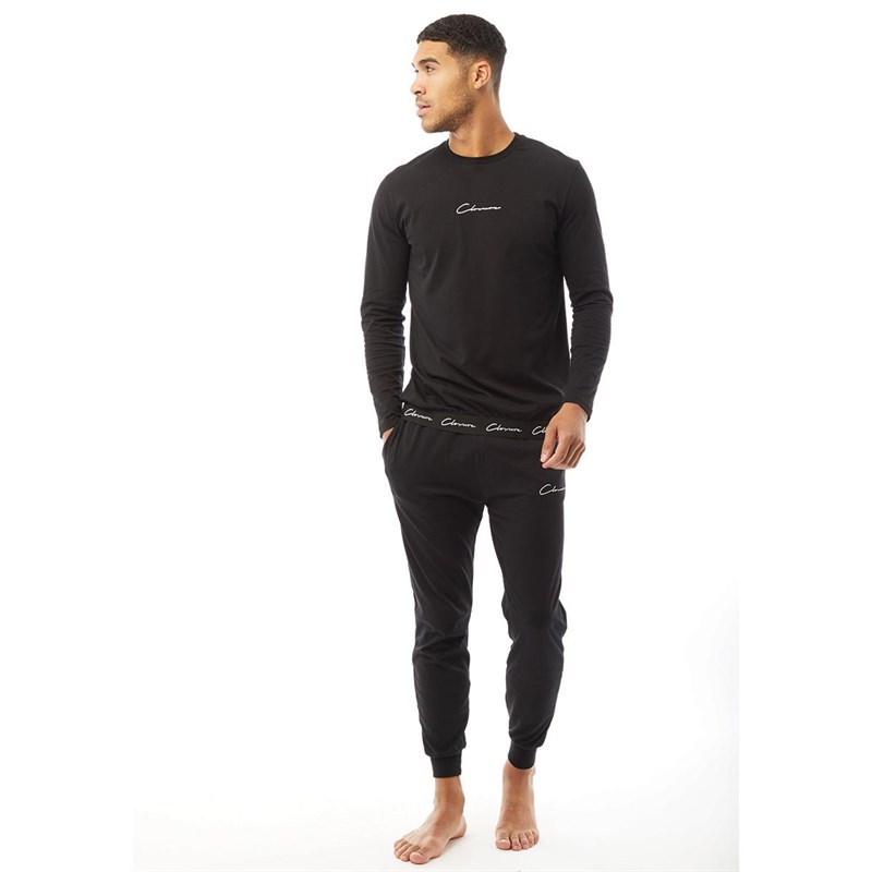 Closure London Mens Signature Band Long Sleeve Lounge T-Shirt And Joggers Set Black