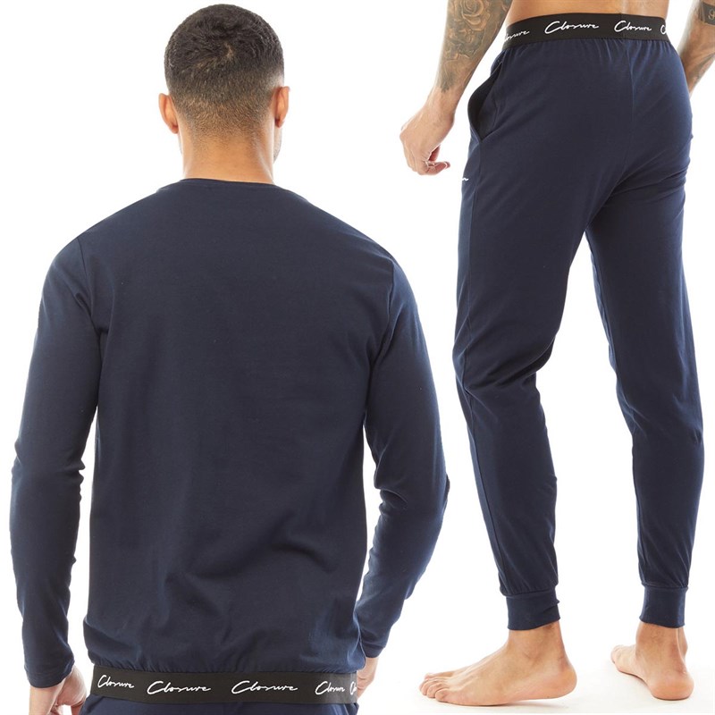 Closure London Mens Signature Band Long Sleeve Lounge T-Shirt And Joggers Set Navy