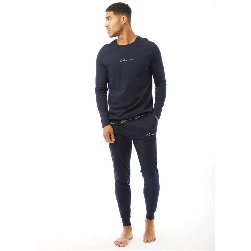 Closure London Mens Signature Band Long Sleeve Lounge T-Shirt And Joggers Set Navy