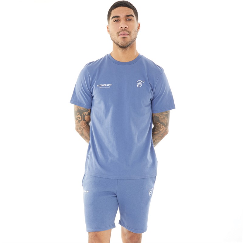 Closure London Herre Tonal Initial T-Shirt og Shorts Co-Ord Vasket Blå