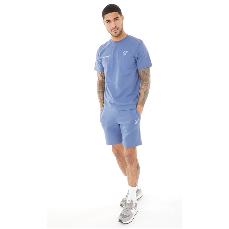 Closure London Herre Tonal Initial T-Shirt og Shorts Co-Ord Vasket Blå