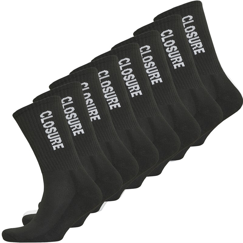 Closure London Mens Block Logo Eight Pack Crew Socks Black