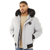 Closure London Mens Fur Hooded Short Puffer Jacket Ice Grey