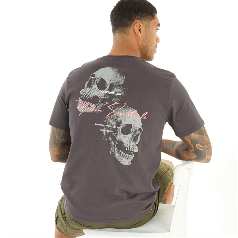 Closure London Mens Double Skull T-Shirt Charcoal