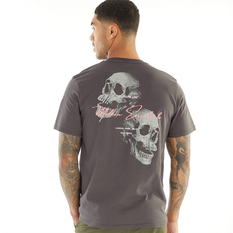 Closure London Mens Double Skull T-Shirt Charcoal