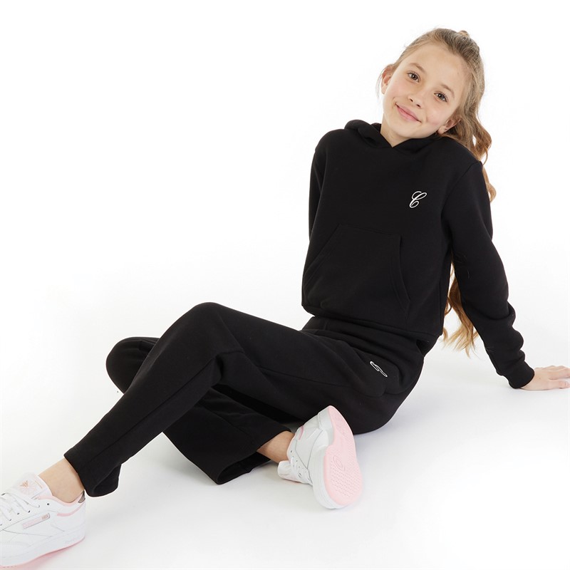 Closure London Girls Branding Hoodie And Wide Leg Joggers Set Black