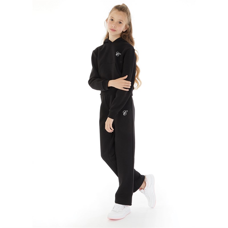 Closure London Girls Branding Hoodie And Wide Leg Joggers Set Black