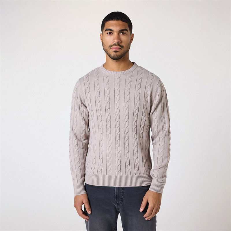 Closure London Mens Cable Knit Crew Neck Jumper Sand