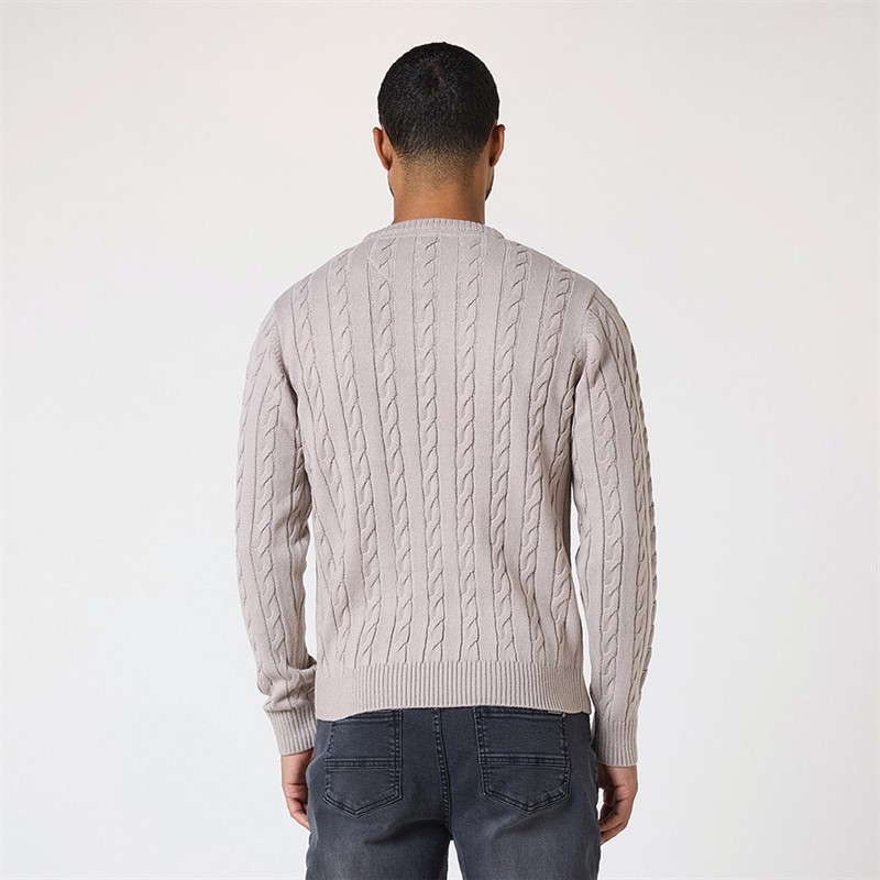 Closure London Mens Cable Knit Crew Neck Jumper Sand