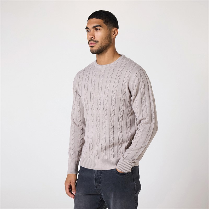 Closure London Mens Cable Knit Crew Neck Jumper Sand