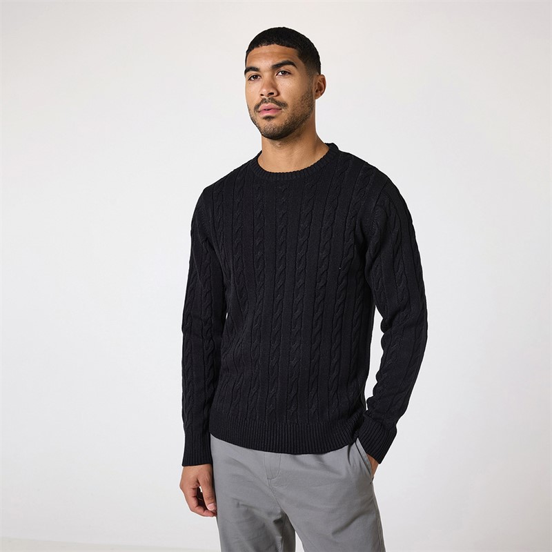 Closure London Mens Cable Knit Crew Neck Jumper Black