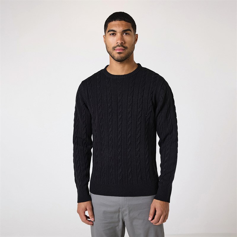 Closure London Mens Cable Knit Crew Neck Jumper Black