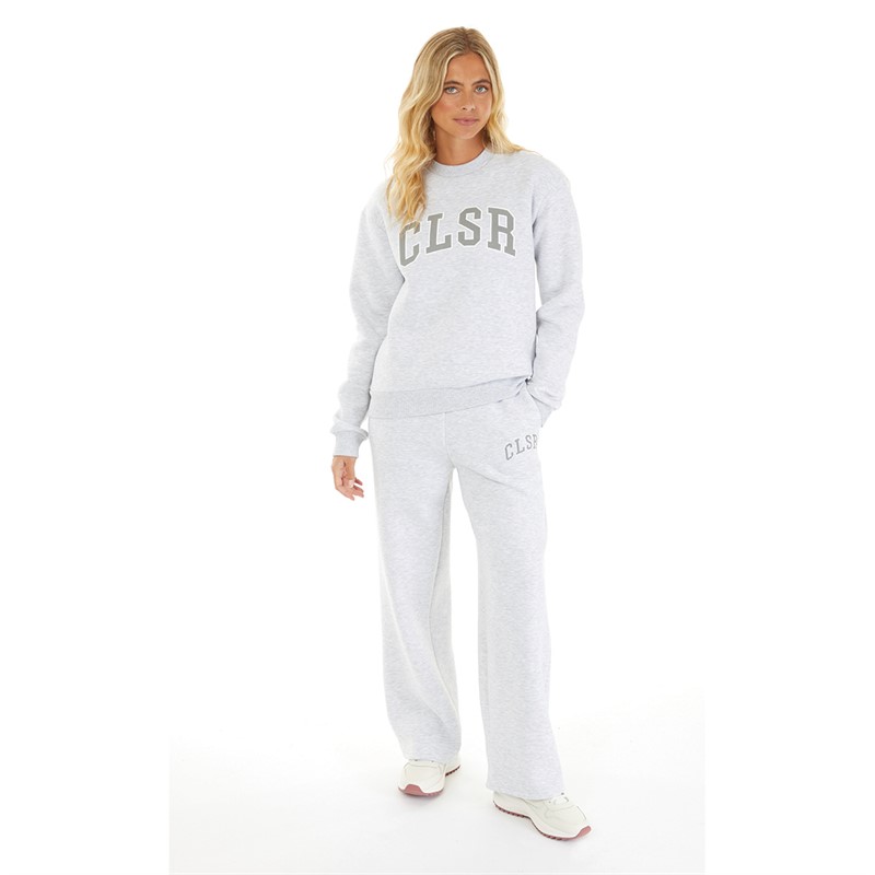 Closure London Womens Varsity Crew Neck Jumper And Wide Leg Joggers Set Light Grey Marl