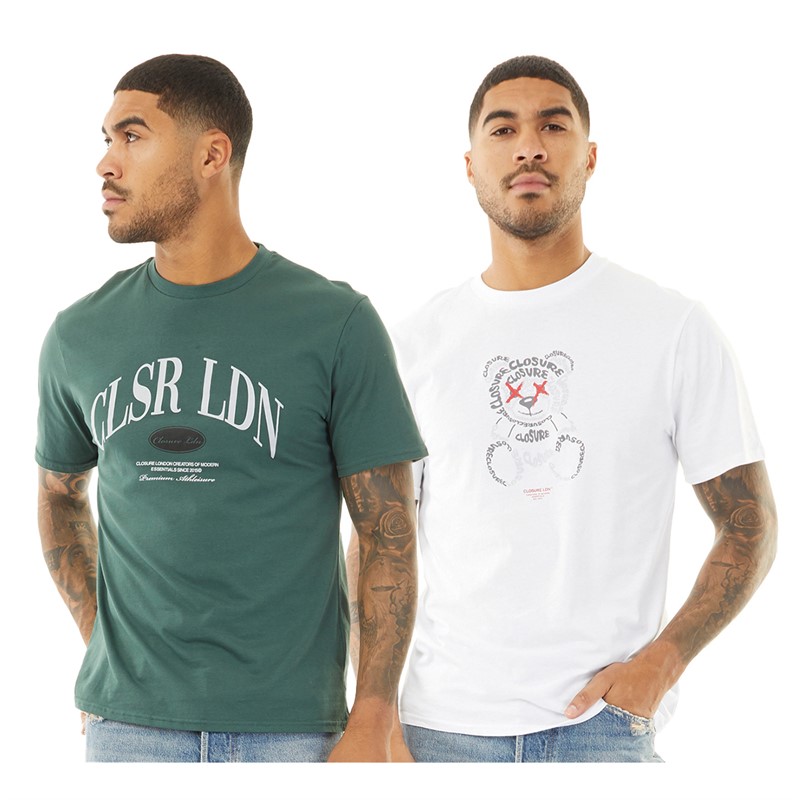 Closure London Mens Texy Teddy And Oval Two Pack T-Shirts White/Forest Green