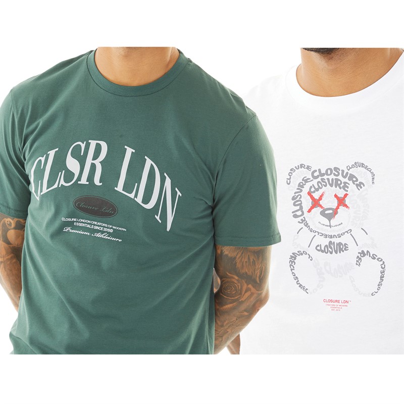 Closure London Mens Texy Teddy And Oval Two Pack T-Shirts White/Forest Green