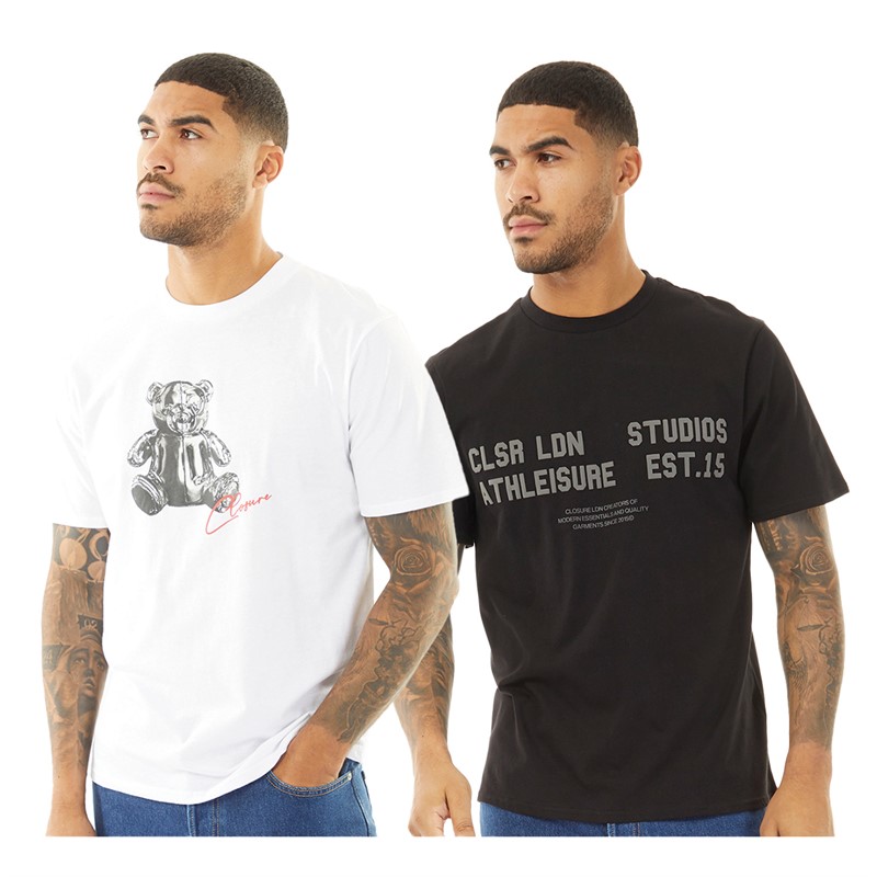 Closure London Mens Chrome Teddy And CLSR Dept Two Pack T-Shirts White/Black