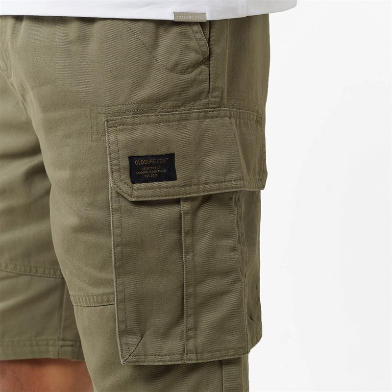 Closure London Mens Long Fit Utility Cargo Shorts Light Khaki